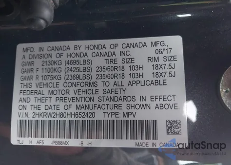 2017 Honda Cr-V Ex-L/Ex-L Navi from USA, damaged, VIN 2HKRW2H80HH652420